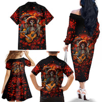 Day of Dead Skull Family Matching Off Shoulder Long Sleeve Dress and Hawaiian Shirt Sugar Skull Band Skeleton - Wonder Print Shop