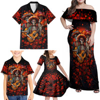 Day of Dead Skull Family Matching Off Shoulder Maxi Dress and Hawaiian Shirt Sugar Skull Band Skeleton - Wonder Print Shop