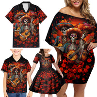Day of Dead Skull Family Matching Off Shoulder Short Dress and Hawaiian Shirt Sugar Skull Band Skeleton - Wonder Print Shop