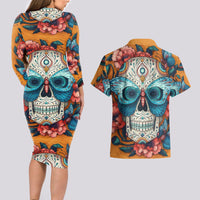 Day of Dead Skull Couples Matching Long Sleeve Bodycon Dress and Hawaiian Shirt Sugar Skull Butterfly - Wonder Print Shop