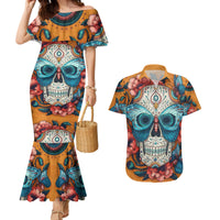 Day of Dead Skull Couples Matching Mermaid Dress and Hawaiian Shirt Sugar Skull Butterfly - Wonder Print Shop