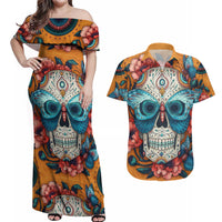 Day of Dead Skull Couples Matching Off Shoulder Maxi Dress and Hawaiian Shirt Sugar Skull Butterfly - Wonder Print Shop
