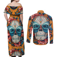 Day of Dead Skull Couples Matching Off Shoulder Maxi Dress and Long Sleeve Button Shirt Sugar Skull Butterfly - Wonder Print Shop