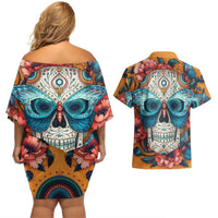 Day of Dead Skull Couples Matching Off Shoulder Short Dress and Hawaiian Shirt Sugar Skull Butterfly - Wonder Print Shop
