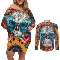 Day of Dead Skull Couples Matching Off Shoulder Short Dress and Long Sleeve Button Shirt Sugar Skull Butterfly - Wonder Print Shop