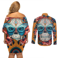 Day of Dead Skull Couples Matching Off Shoulder Short Dress and Long Sleeve Button Shirt Sugar Skull Butterfly - Wonder Print Shop