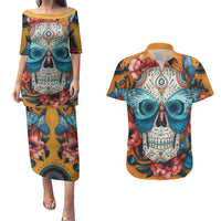 Day of Dead Skull Couples Matching Puletasi Dress and Hawaiian Shirt Sugar Skull Butterfly - Wonder Print Shop