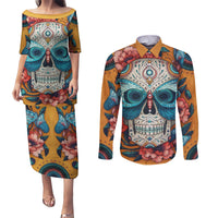 Day of Dead Skull Couples Matching Puletasi Dress and Long Sleeve Button Shirt Sugar Skull Butterfly - Wonder Print Shop