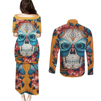 Day of Dead Skull Couples Matching Puletasi Dress and Long Sleeve Button Shirt Sugar Skull Butterfly - Wonder Print Shop