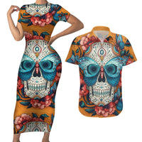 Day of Dead Skull Couples Matching Short Sleeve Bodycon Dress and Hawaiian Shirt Sugar Skull Butterfly - Wonder Print Shop