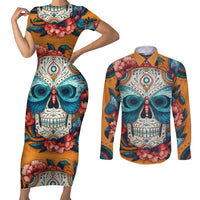 Day of Dead Skull Couples Matching Short Sleeve Bodycon Dress and Long Sleeve Button Shirt Sugar Skull Butterfly - Wonder Print Shop