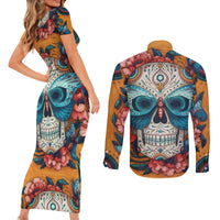 Day of Dead Skull Couples Matching Short Sleeve Bodycon Dress and Long Sleeve Button Shirt Sugar Skull Butterfly - Wonder Print Shop