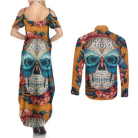 Day of Dead Skull Couples Matching Summer Maxi Dress and Long Sleeve Button Shirt Sugar Skull Butterfly - Wonder Print Shop
