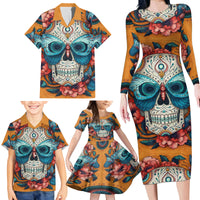 Day of Dead Skull Family Matching Long Sleeve Bodycon Dress and Hawaiian Shirt Sugar Skull Butterfly - Wonder Print Shop