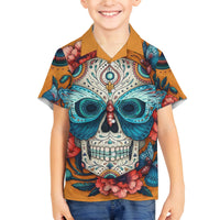 Day of Dead Skull Family Matching Off Shoulder Maxi Dress and Hawaiian Shirt Sugar Skull Butterfly - Wonder Print Shop