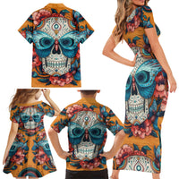 Day of Dead Skull Family Matching Short Sleeve Bodycon Dress and Hawaiian Shirt Sugar Skull Butterfly - Wonder Print Shop