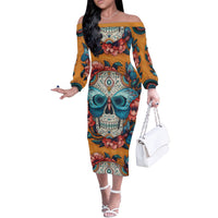 Day of Dead Skull Off The Shoulder Long Sleeve Dress Sugar Skull Butterfly - Wonder Print Shop
