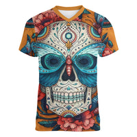 Day of Dead Skull Women V Neck T Shirt Sugar Skull Butterfly - Wonder Print Shop