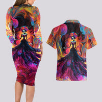 Day of Dead Lady Couples Matching Long Sleeve Bodycon Dress and Hawaiian Shirt Sugar Skull Flame Lady - Wonder Print Shop