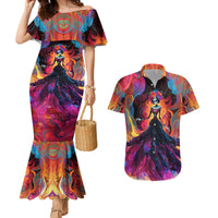 Day of Dead Lady Couples Matching Mermaid Dress and Hawaiian Shirt Sugar Skull Flame Lady - Wonder Print Shop