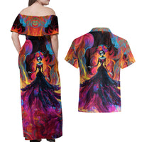 Day of Dead Lady Couples Matching Off Shoulder Maxi Dress and Hawaiian Shirt Sugar Skull Flame Lady - Wonder Print Shop