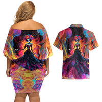 Day of Dead Lady Couples Matching Off Shoulder Short Dress and Hawaiian Shirt Sugar Skull Flame Lady - Wonder Print Shop