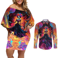 Day of Dead Lady Couples Matching Off Shoulder Short Dress and Long Sleeve Button Shirt Sugar Skull Flame Lady - Wonder Print Shop