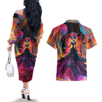 Day of Dead Lady Couples Matching Off The Shoulder Long Sleeve Dress and Hawaiian Shirt Sugar Skull Flame Lady - Wonder Print Shop