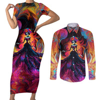 Day of Dead Lady Couples Matching Short Sleeve Bodycon Dress and Long Sleeve Button Shirt Sugar Skull Flame Lady - Wonder Print Shop