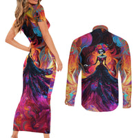 Day of Dead Lady Couples Matching Short Sleeve Bodycon Dress and Long Sleeve Button Shirt Sugar Skull Flame Lady - Wonder Print Shop