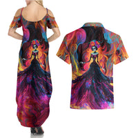 Day of Dead Lady Couples Matching Summer Maxi Dress and Hawaiian Shirt Sugar Skull Flame Lady - Wonder Print Shop
