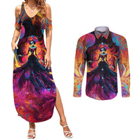 Day of Dead Lady Couples Matching Summer Maxi Dress and Long Sleeve Button Shirt Sugar Skull Flame Lady - Wonder Print Shop