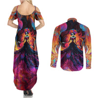 Day of Dead Lady Couples Matching Summer Maxi Dress and Long Sleeve Button Shirt Sugar Skull Flame Lady - Wonder Print Shop
