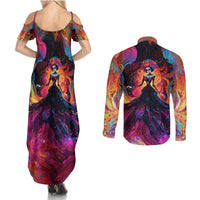 Day of Dead Lady Couples Matching Summer Maxi Dress and Long Sleeve Button Shirt Sugar Skull Flame Lady - Wonder Print Shop