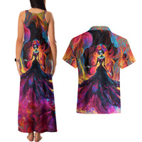 Day of Dead Lady Couples Matching Tank Maxi Dress and Hawaiian Shirt Sugar Skull Flame Lady - Wonder Print Shop