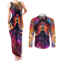Day of Dead Lady Couples Matching Tank Maxi Dress and Long Sleeve Button Shirt Sugar Skull Flame Lady - Wonder Print Shop