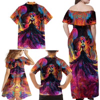 Day of Dead Lady Family Matching Off Shoulder Maxi Dress and Hawaiian Shirt Sugar Skull Flame Lady - Wonder Print Shop