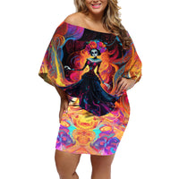 Day of Dead Lady Family Matching Off Shoulder Short Dress and Hawaiian Shirt Sugar Skull Flame Lady - Wonder Print Shop