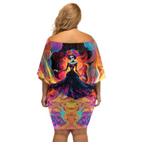Day of Dead Lady Family Matching Off Shoulder Short Dress and Hawaiian Shirt Sugar Skull Flame Lady - Wonder Print Shop