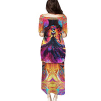 Day of Dead Lady Family Matching Puletasi Dress and Hawaiian Shirt Sugar Skull Flame Lady - Wonder Print Shop