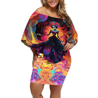 Day of Dead Lady Off Shoulder Short Dress Sugar Skull Flame Lady - Wonder Print Shop