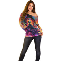 Day of Dead Lady Off Shoulder Sweater Sugar Skull Flame Lady - Wonder Print Shop
