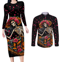 Day of Dead Lady Couples Matching Long Sleeve Bodycon Dress and Long Sleeve Button Shirt Sugar Skull Lady Dancing - Wonder Print Shop