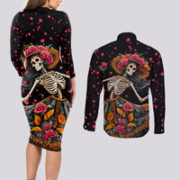 Day of Dead Lady Couples Matching Long Sleeve Bodycon Dress and Long Sleeve Button Shirt Sugar Skull Lady Dancing - Wonder Print Shop