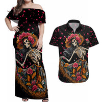 Day of Dead Lady Couples Matching Off Shoulder Maxi Dress and Hawaiian Shirt Sugar Skull Lady Dancing - Wonder Print Shop