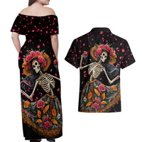 Day of Dead Lady Couples Matching Off Shoulder Maxi Dress and Hawaiian Shirt Sugar Skull Lady Dancing - Wonder Print Shop