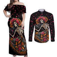 Day of Dead Lady Couples Matching Off Shoulder Maxi Dress and Long Sleeve Button Shirt Sugar Skull Lady Dancing - Wonder Print Shop