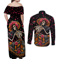 Day of Dead Lady Couples Matching Off Shoulder Maxi Dress and Long Sleeve Button Shirt Sugar Skull Lady Dancing - Wonder Print Shop