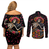 Day of Dead Lady Couples Matching Off Shoulder Short Dress and Long Sleeve Button Shirt Sugar Skull Lady Dancing - Wonder Print Shop