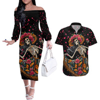 Day of Dead Lady Couples Matching Off The Shoulder Long Sleeve Dress and Hawaiian Shirt Sugar Skull Lady Dancing - Wonder Print Shop